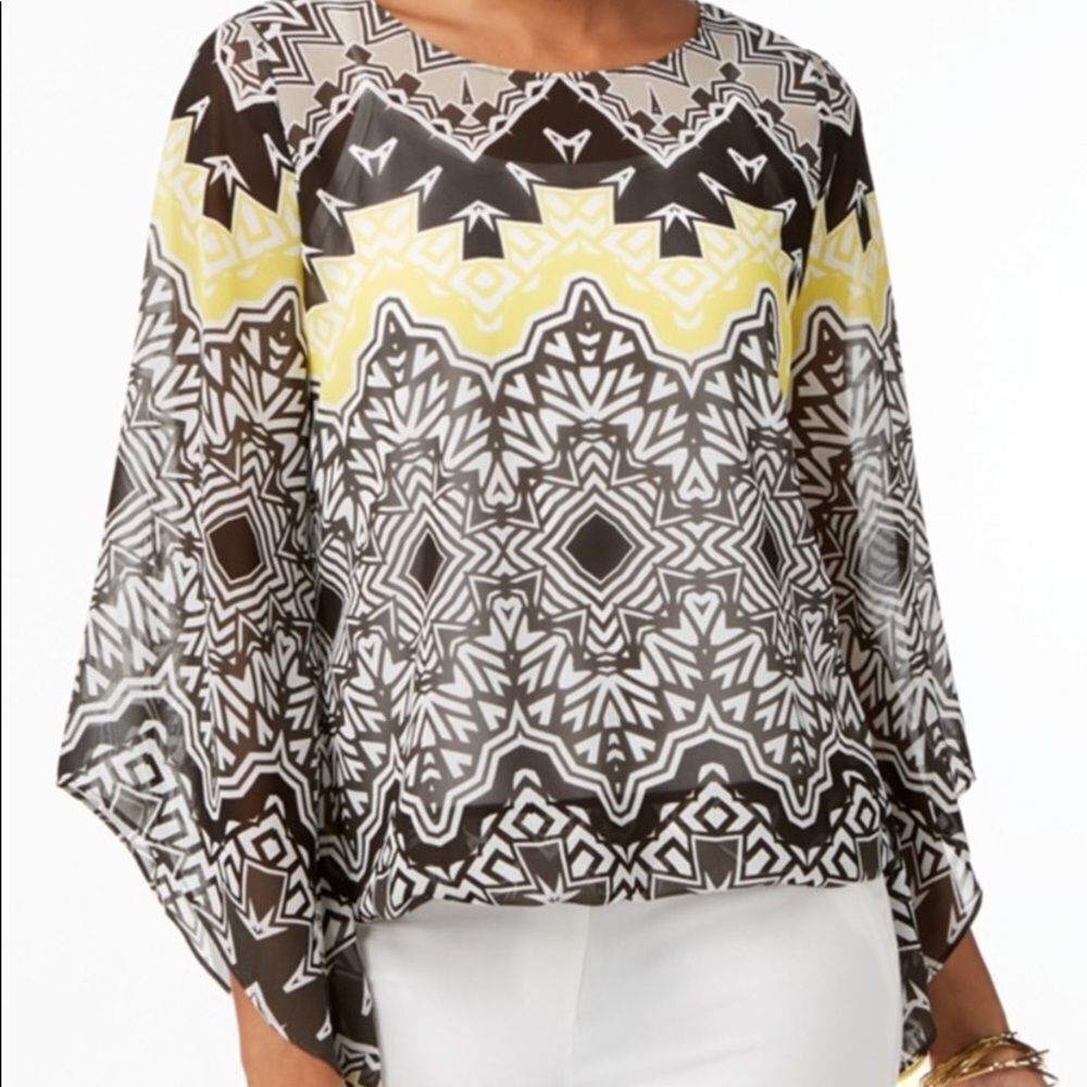 Alfani Petite Printed Angel-Sleeve Bubble Top, Yellow/Black PS NWT